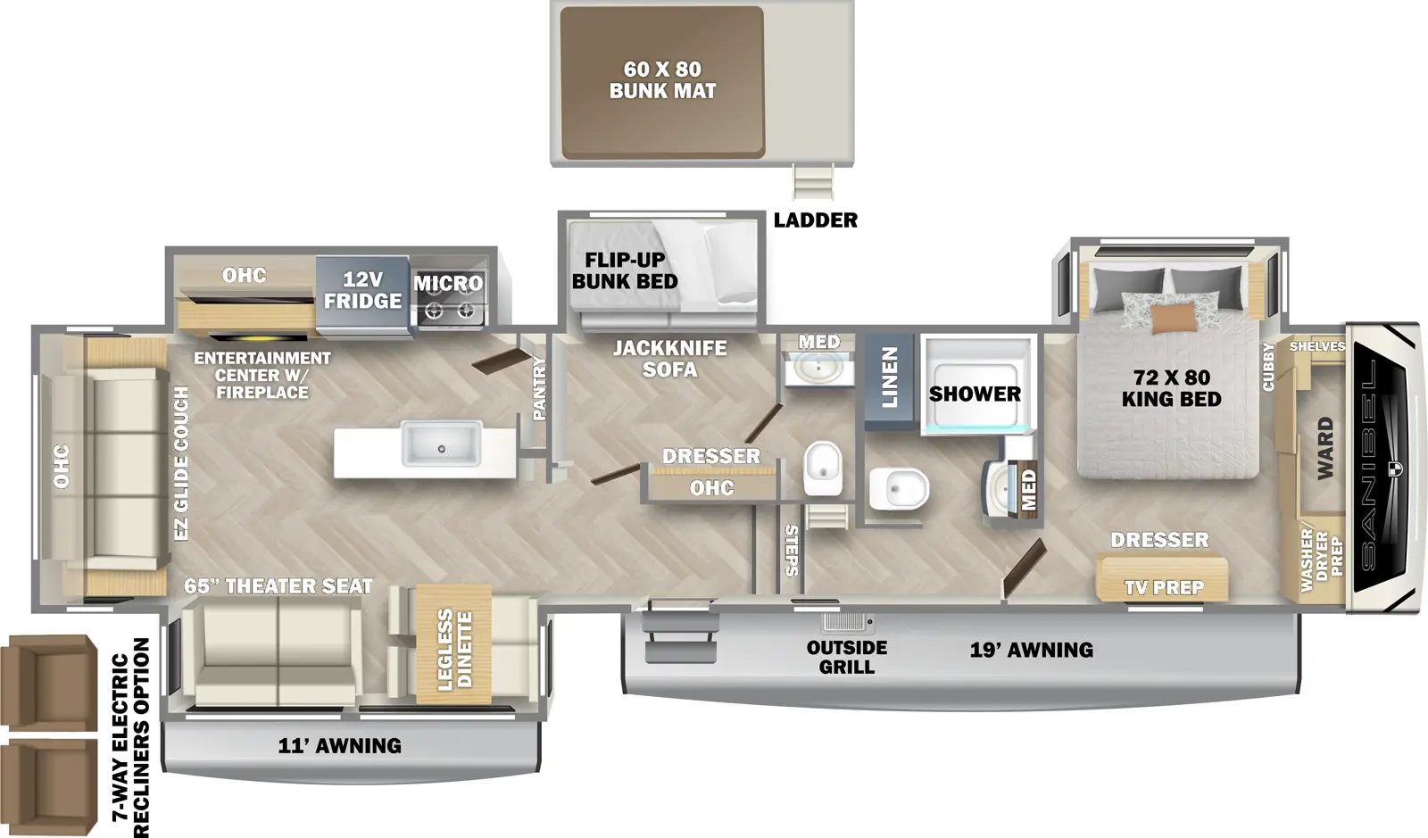 The Sanibel 3902MBWB has one entry and four slide outs. Exterior features include: fiberglass exterior and 19' & 11' awning. Interiors features include: bunk beds, loft, front bedroom and rear living.